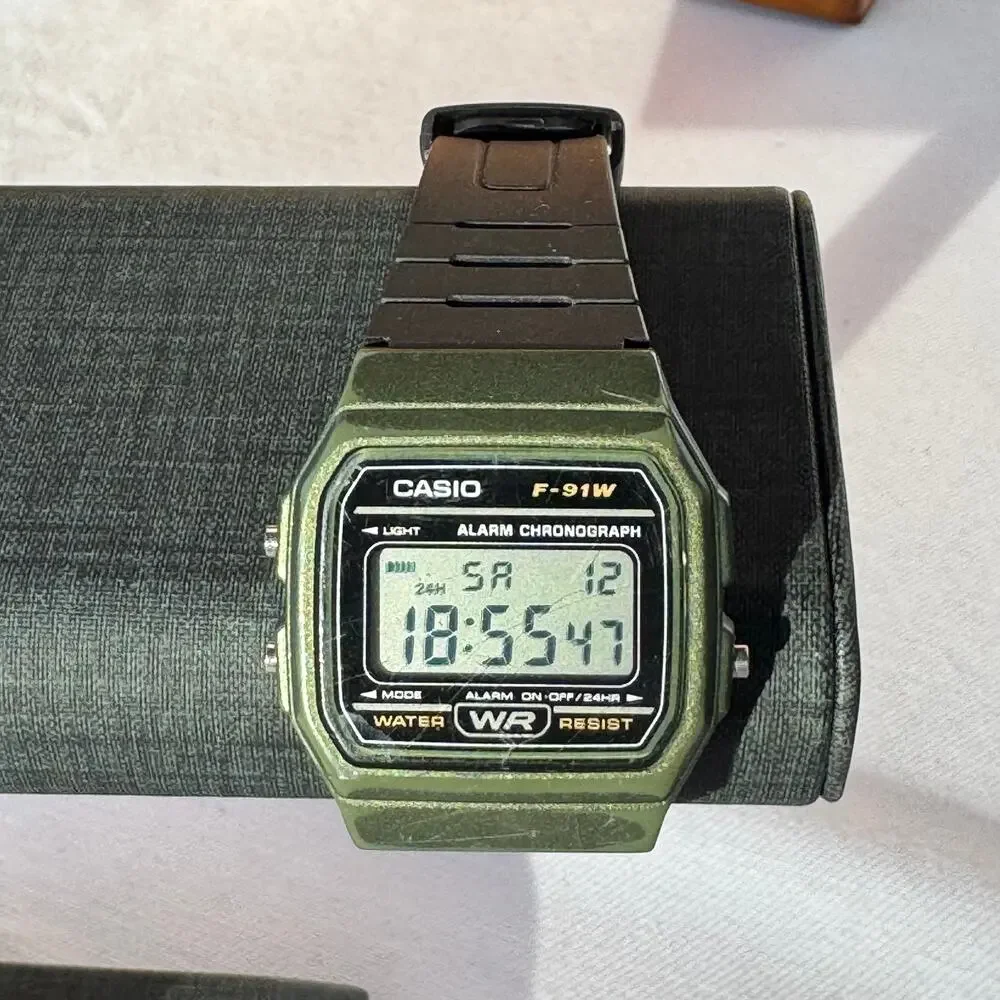 Casio F-91W Olive Green Digital Watch Alarm Chronograph Tested Working Vintage
